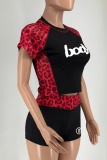 Grey Sexy Street Sportswear Patchwork Leopard Print Patchwork Leopard O Neck Short Sleeve Two Pieces