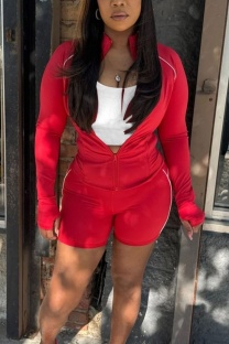 Red Casual Street Sportswear Solid Color Cardigan Zipper Cardigan Collar Long Sleeve Two Pieces