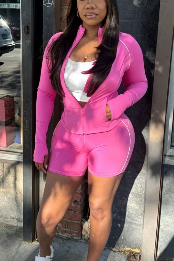Pink Casual Street Sportswear Solid Color Cardigan Zipper Cardigan Collar Long Sleeve Two Pieces