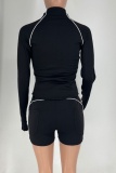 Black Casual Street Sportswear Solid Color Cardigan Zipper Cardigan Collar Long Sleeve Two Pieces