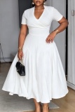 White Plus Size Formal Solid Color V Neck A Line Plus Size Dresses