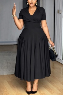 Black Plus Size Formal Solid Color V Neck A Line Plus Size Dresses
