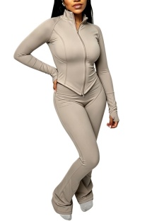 Grey Casual Sportswear Solid Color Cardigan Collar Long Sleeve Two Pieces