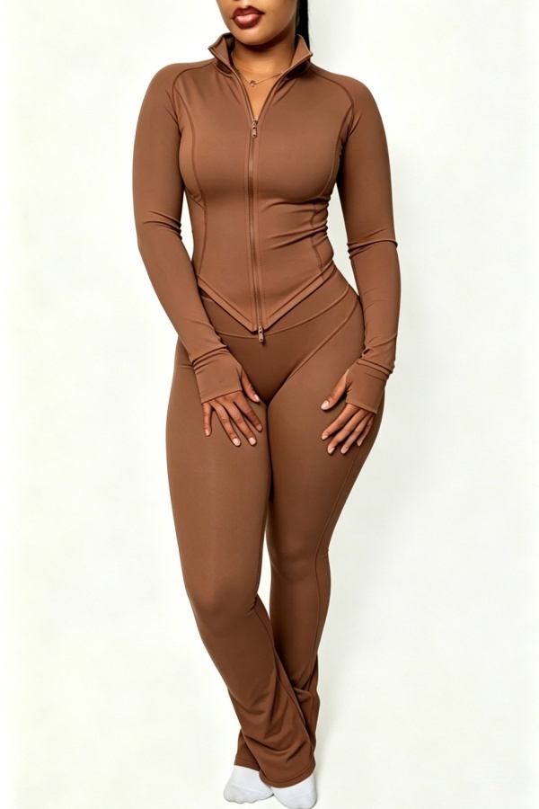Coffee Casual Sportswear Solid Color Cardigan Collar Long Sleeve Two Pieces
