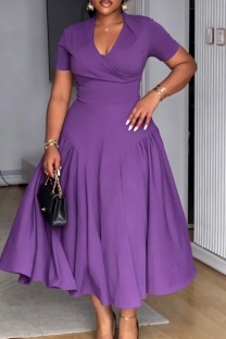 Purple Plus Size Formal Solid Color V Neck A Line Plus Size Dresses