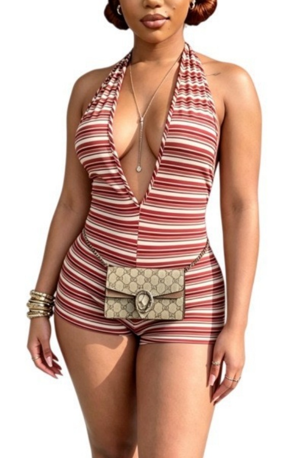 Brick Red Sexy Stripe V Neck Skinny Rompers