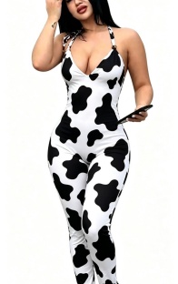White Sexy Print Backless Halter Skinny Jumpsuits