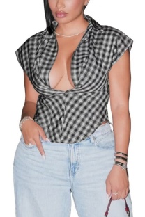 Black Plaid V Neck Tops