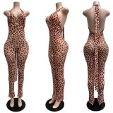 White Sexy Print Backless Halter Skinny Jumpsuits