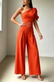 Orange Casual Daily Solid Color One Shoulder Regular Jumpsuits