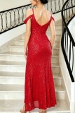 Red Sexy Party Solid Color Deep V Neck Maxi Dresses