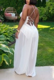 White Sexy Street Solid Color Basic Halter Regular Jumpsuits