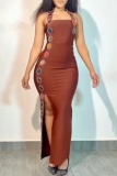 Dark Brown Sexy Street Prom Hot Club Halter Wrapped Skirt Dresses
