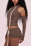 Rose Pink Sexy Casual Street Solid Color Cardigan Collar Two Pieces