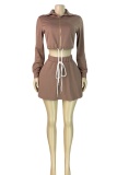 Brown Casual Street Sportswear Daily Solid Color V Neck Long Sleeve Two Pieces