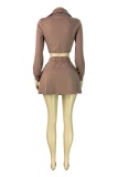 Brown Casual Street Sportswear Daily Solid Color V Neck Long Sleeve Two Pieces