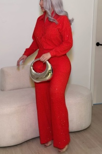 Red Casual Daily Solid Color Turndown Collar Long Sleeve Two Pieces