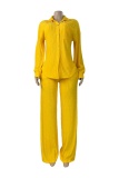Yellow Casual Daily Solid Color Turndown Collar Long Sleeve Two Pieces