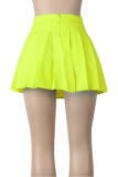 Fluorescent Yellow Casual Daily Solid Color Pleated High Waist Type A Solid Color Bottoms