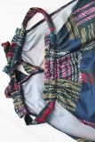 Navy Blue Casual Colorblock Print Halter A Line Dresses