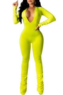 Fluorescent Green Sexy Daily Party Solid Color V Neck Skinny Jumpsuits