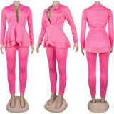 Pink Business Wear Daily Solid Color V Neck Long Sleeve Two Pieces
