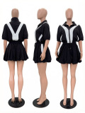 Blue Casual Sportswear Y2k Patchwork Patchwork Cardigan Collar Half Sleeve Two Pieces