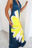 Blue Sexy Daily Bohemian Vacation Flowers Backless Halter Backless Dress Dresses