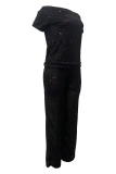Black Sexy Street Y2k Solid Color O Neck Short Sleeve Two Pieces