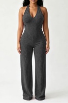 Black Sexy Casual Street Sportswear Y2k Solid Color Hollow Out Backless Halter Loose Jumpsuits