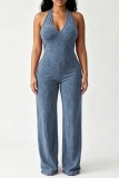 Black Sexy Casual Street Sportswear Y2k Solid Color Hollow Out Backless Halter Loose Jumpsuits
