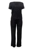 Black Sexy Street Y2k Solid Color O Neck Short Sleeve Two Pieces