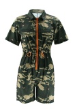 Army Green Casual Sportswear Y2k Cutout Camouflage Print Capris Two Lapel Straight Rompers