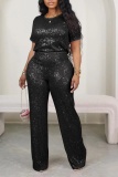 Black Sexy Street Y2k Solid Color O Neck Short Sleeve Two Pieces