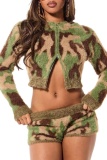 Green Sexy Street Party Hip Hop Y2k Camouflage Cardigan Collar Long Sleeve Two Pieces