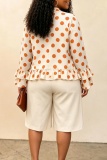 Brown Casual Daily Office lady Polka Dot Flounce Belted V Neck Long Sleeve Two Pieces