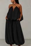 Black Casual Street Daily Solid Color Backless Spaghetti Strap Two Pieces