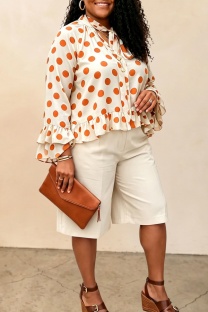 Apricot Casual Daily Office lady Polka Dot Flounce Belted V Neck Long Sleeve Two Pieces