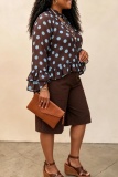 Brown Casual Daily Office lady Polka Dot Flounce Belted V Neck Long Sleeve Two Pieces