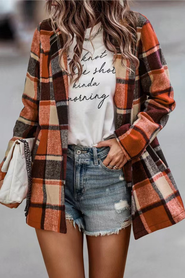 Fashion Plaid Patchwork Turndown Collar Outerwear