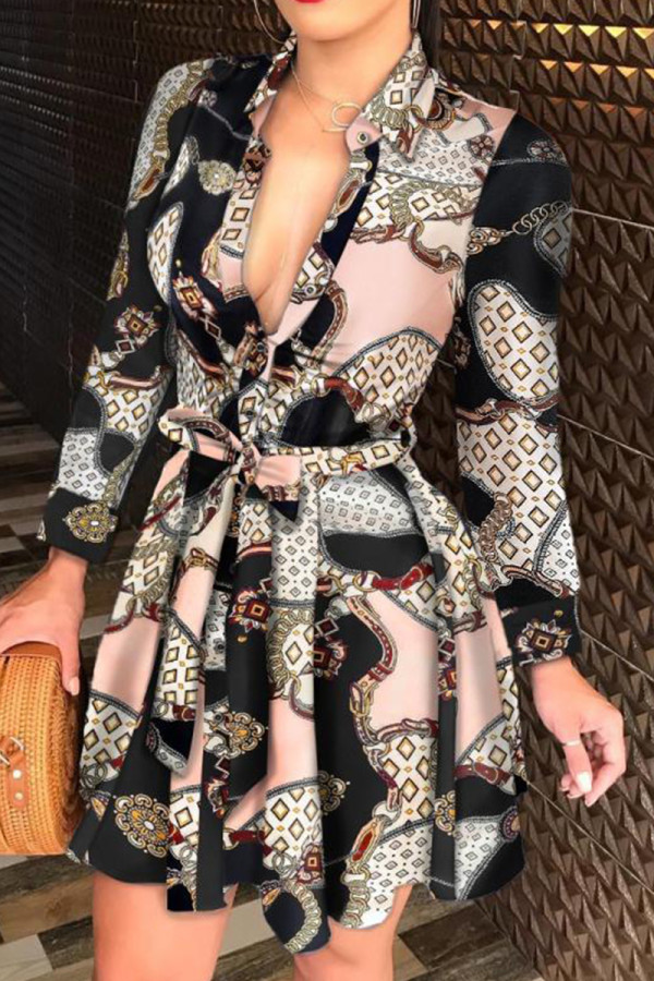 Fashion Casual Print Bandage V Neck Long Sleeve Dresses