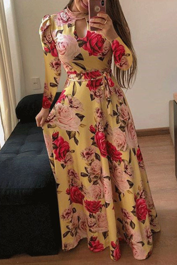 Vacation Print Hollowed Out Half A Turtleneck Cake Skirt Dresses