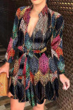 Fashion Casual Print Bandage V Neck Long Sleeve Dresses