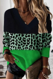 Street Leopard Patchwork V Neck Tops