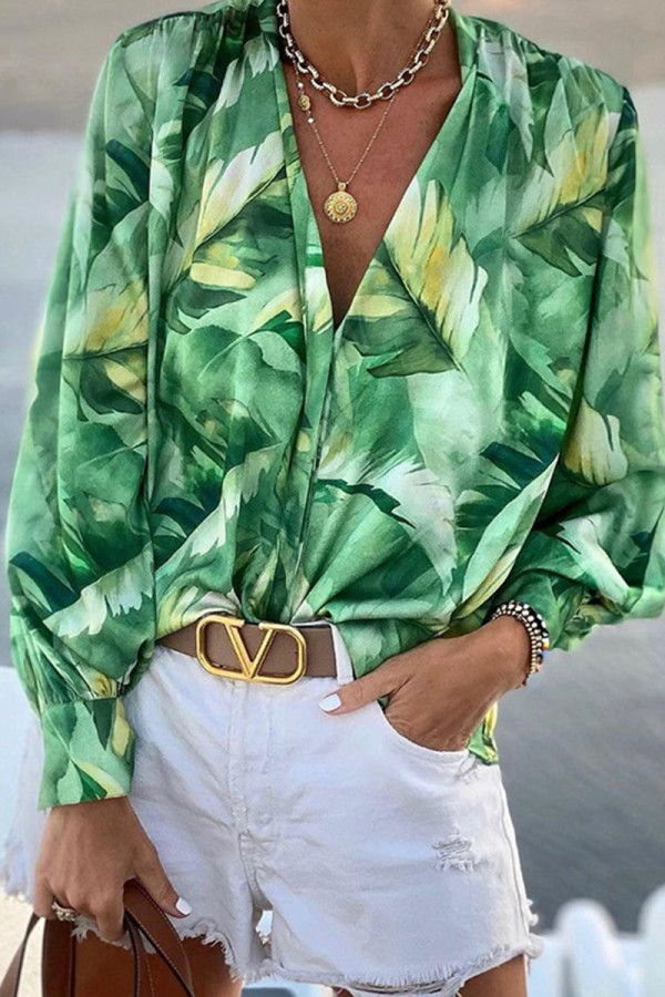 Casual Print Patchwork V Neck Tops