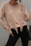 Fashion Solid Tassel Patchwork O Neck Tops