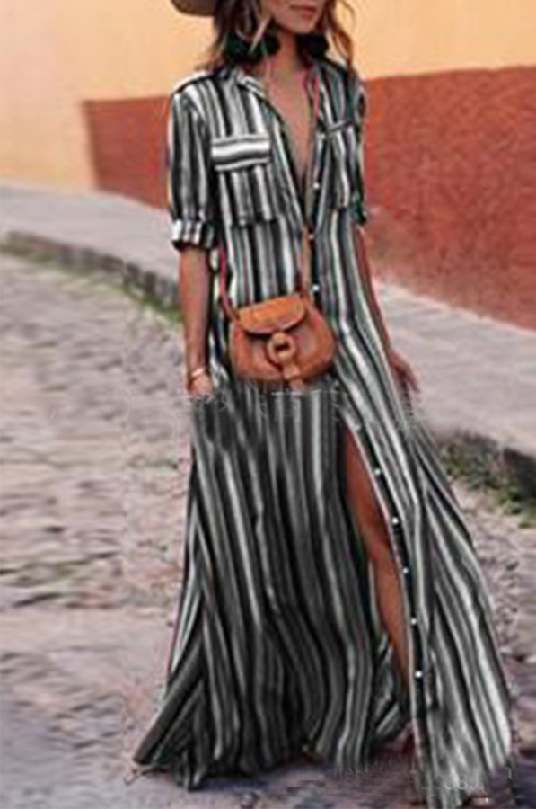 Casual Striped Patchwork Turndown Collar Printed Dress Dresses