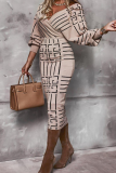 Elegant Print Patchwork V Neck Pencil Skirt Dresses