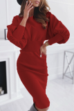 Fashion Casual Solid Patchwork Fold O Neck Waist Skirt Dresses