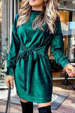 Fashion Elegant Solid Patchwork Strap Design O Neck A Line Dresses
